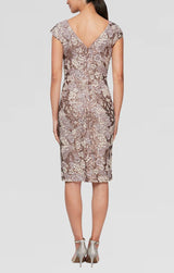Short Embroidered Sheath Dress With Cap Sleeves and Sequin Detail