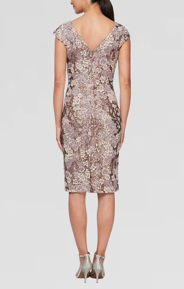 Short Embroidered Sheath Dress With Cap Sleeves and Sequin Detail