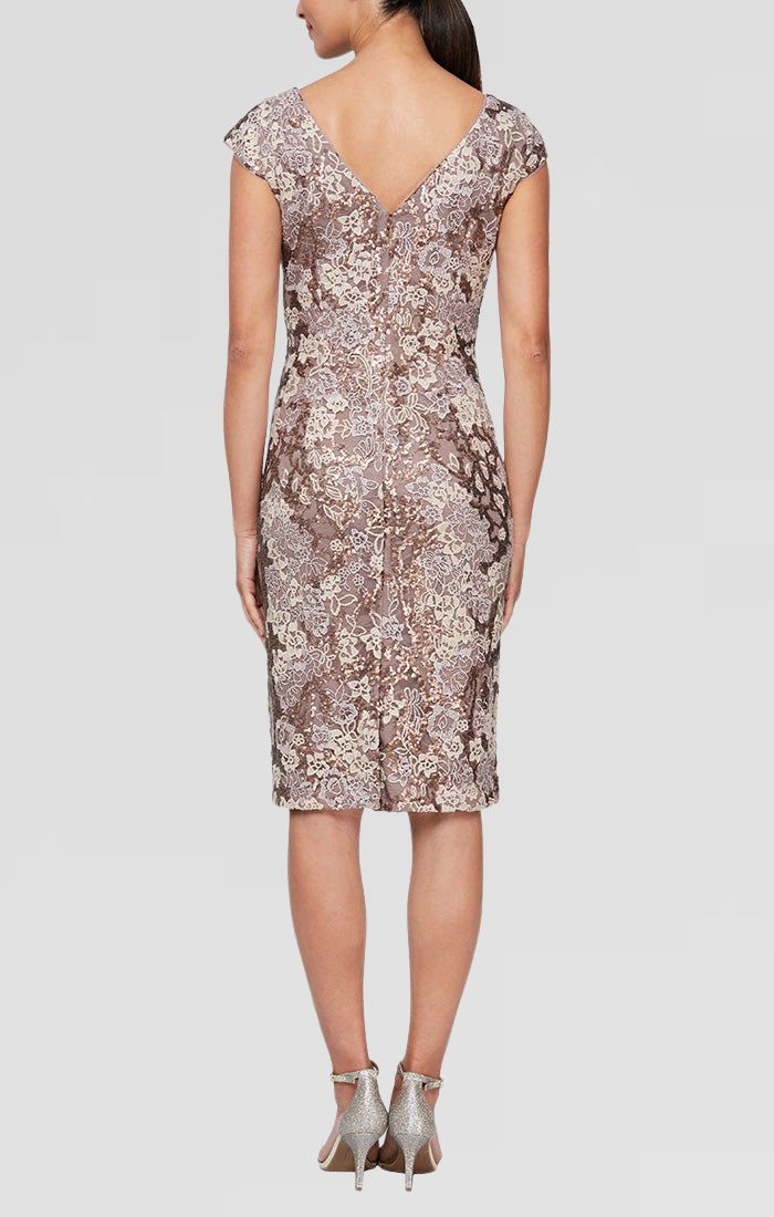 Short Embroidered Sheath Dress With Cap Sleeves and Sequin Detail