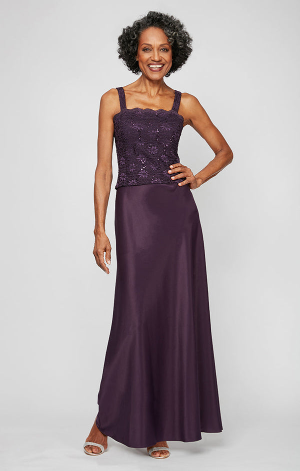Petite Lace & Satin Gown with 3/4 Sleeve Scalloped Lace Sequin Jacket