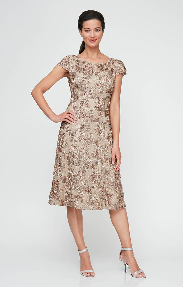 Plus Cocktail Dress in Rosette Lace with Cap Sleeves