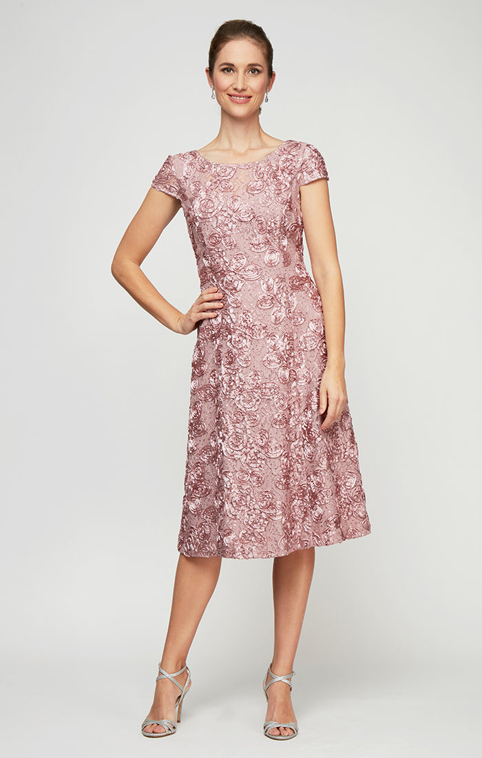 Rosette Sequin Lace Tea-Length Cocktail Dress with Cap Sleeves