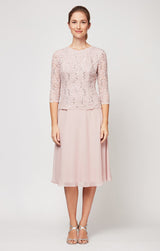 Tea-Length Dress with Sequin Lace Bodice & Chiffon Skirt
