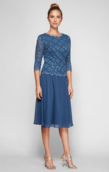 Petite Tea-Length Dress with Sequin Lace Bodice & Chiffon Skirt