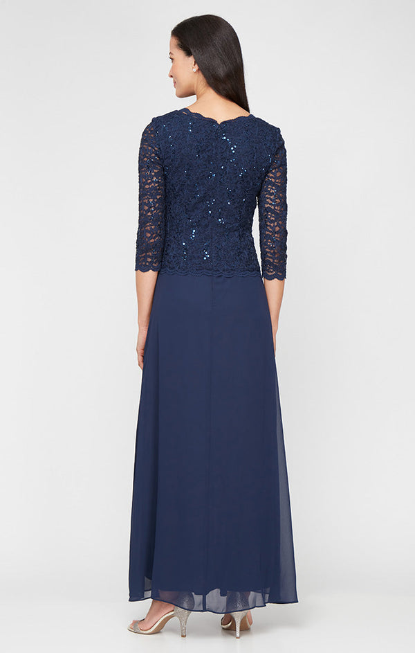 Petite Long Gown with Sequin Lace Bodice & Chiffon Skirt