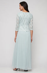 3/4 Sleeve Lace and Chiffon Gown with Scalloped Lace Detail