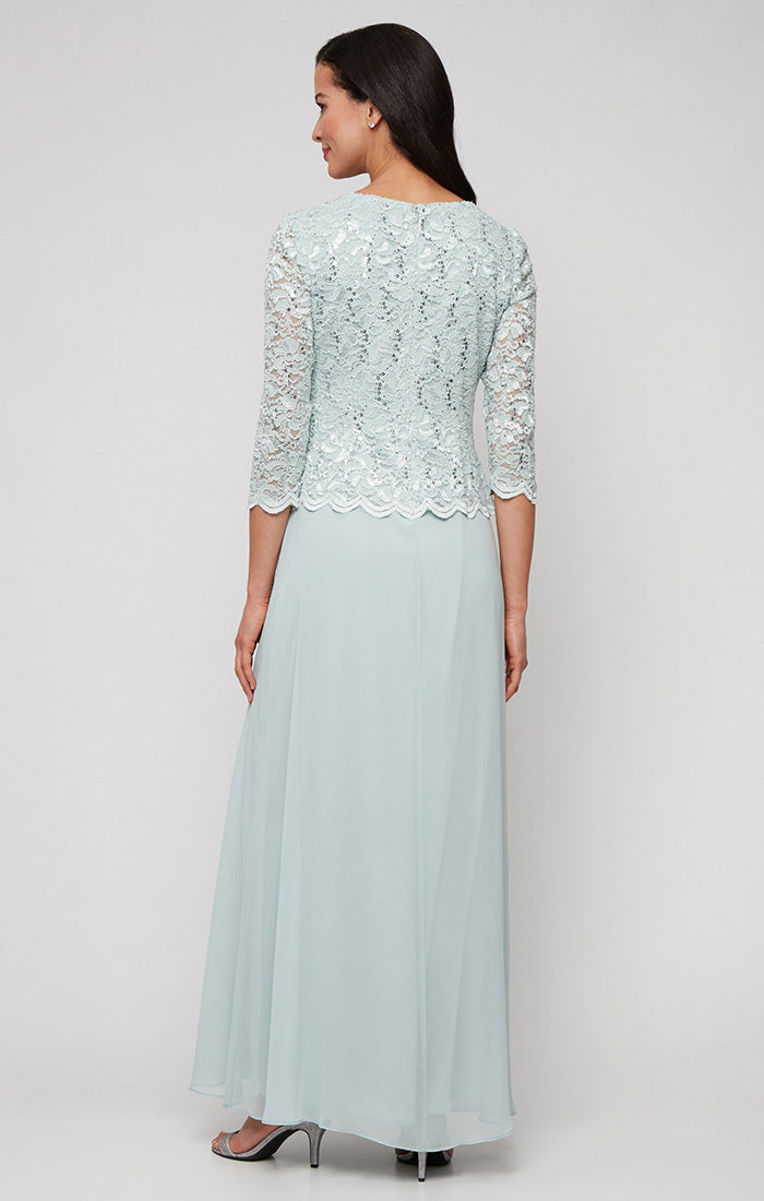 3/4 Sleeve Lace and Chiffon Gown with Scalloped Lace Detail