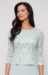 3/4 Sleeve Lace and Chiffon Gown with Scalloped Lace Detail