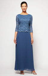 Petite Lace & Chiffon Gown with Scallop Edge Detail