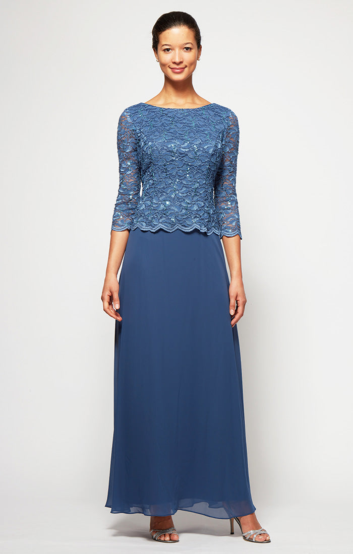 Petite Lace & Chiffon Gown with Scallop Edge Detail