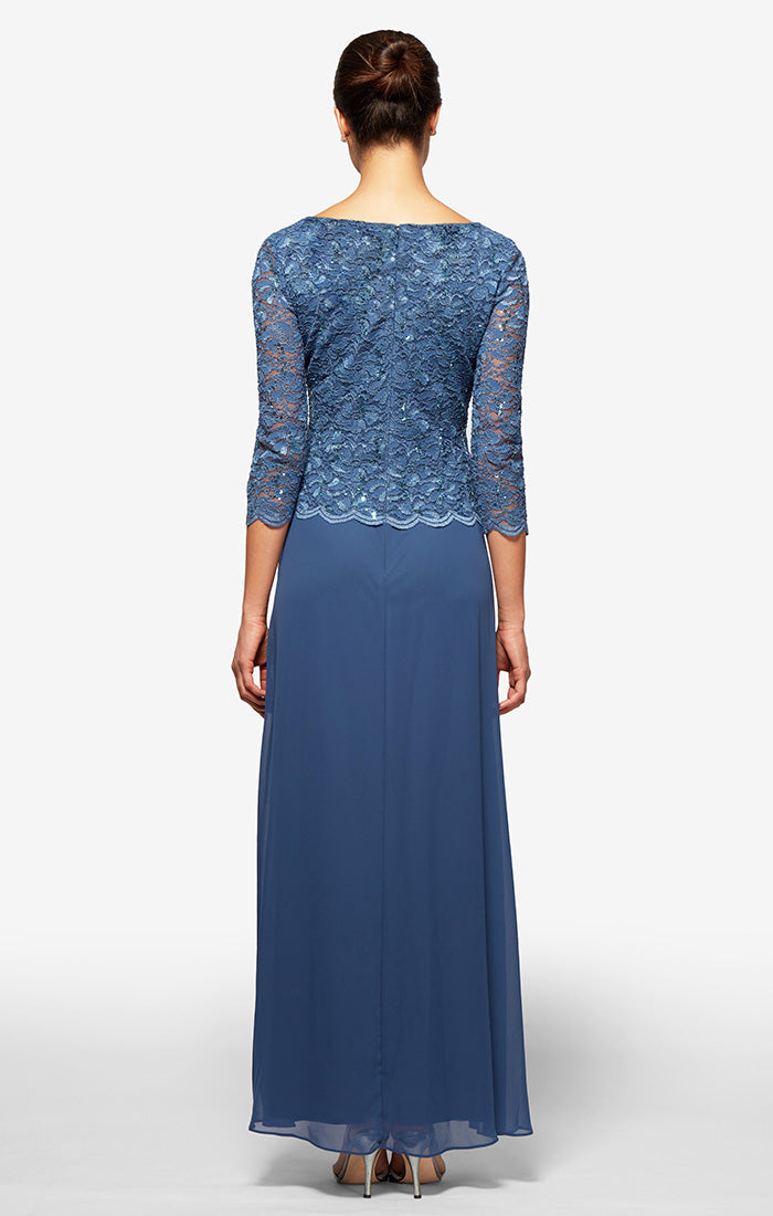 3/4 Sleeve Lace and Chiffon Gown with Scalloped Lace Detail