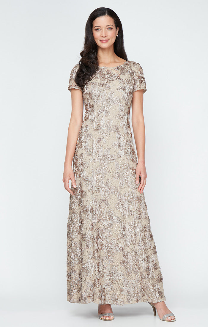 Petite Long Rosette A-Line Gown with Sequin Detail & Short Illusion Sleeves