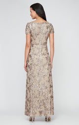 Rosette A-Line Gown with Sequin Detail & Short Illusion Sleeves