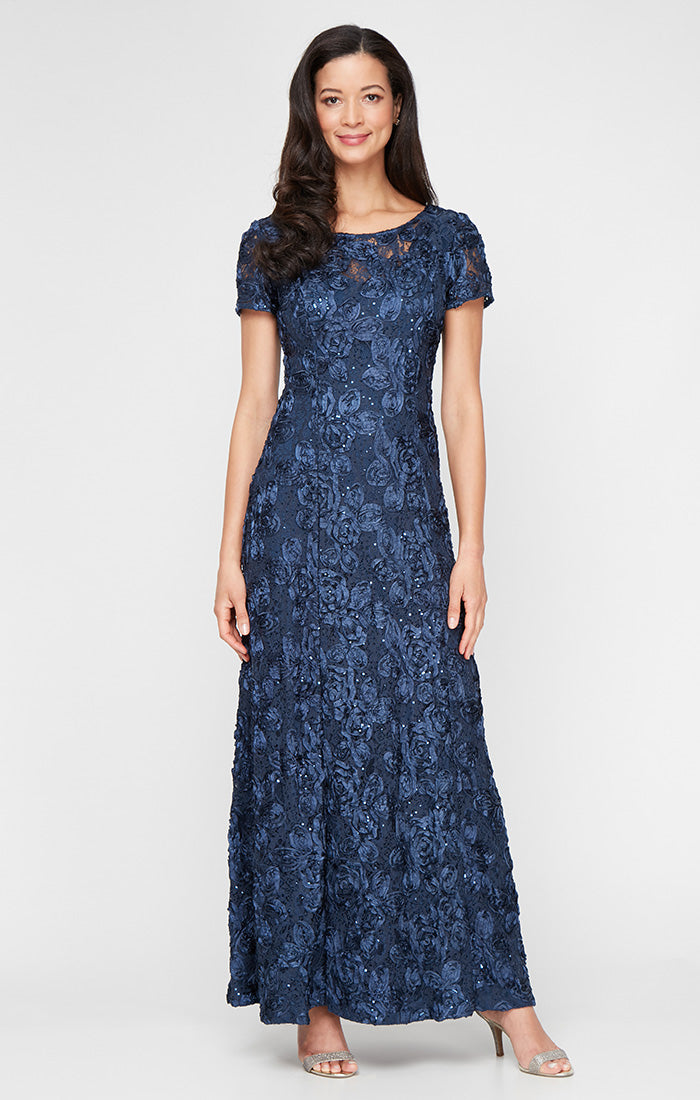 Rosette A-Line Gown with Sequin Detail & Short Illusion Sleeves