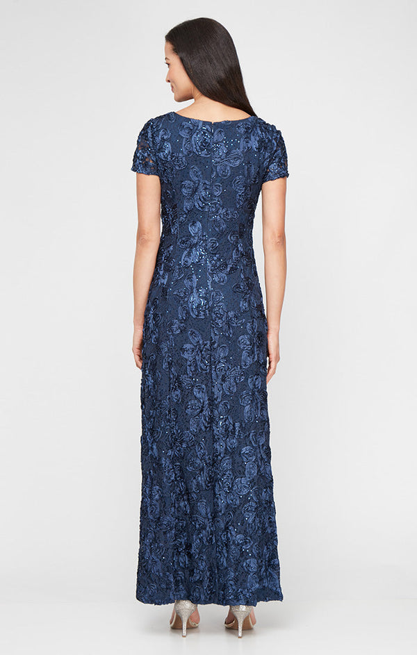 Rosette A-Line Gown with Sequin Detail & Short Illusion Sleeves