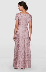 Rosette A-Line Gown with Sequin Detail & Short Illusion Sleeves