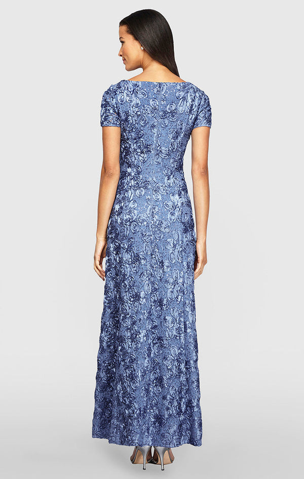 Rosette A-Line Gown with Sequin Detail & Short Illusion Sleeves