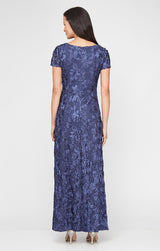 Petite Long Rosette A-Line Gown with Sequin Detail & Short Illusion Sleeves