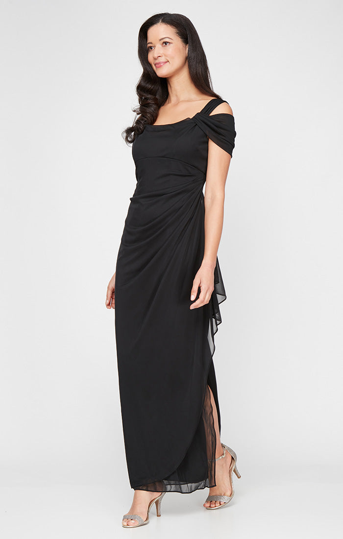 Petite Cold Shoulder Mesh Gown with Cowl Neckline & Overlay Skirt
