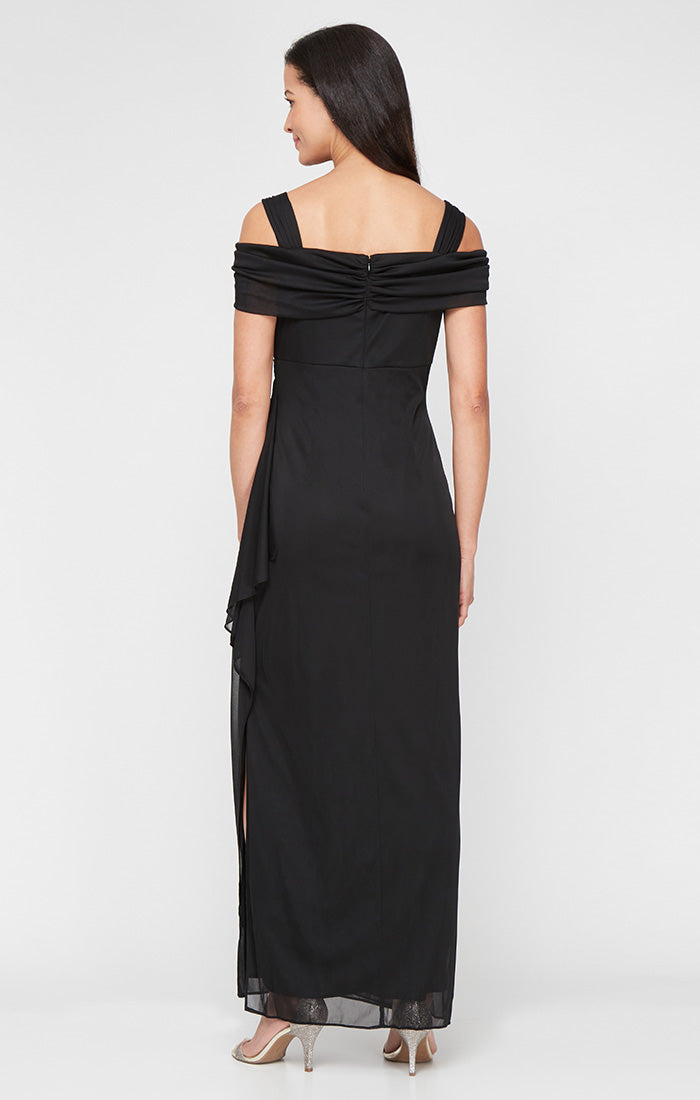 Petite Cold Shoulder Mesh Gown with Cowl Neckline & Overlay Skirt