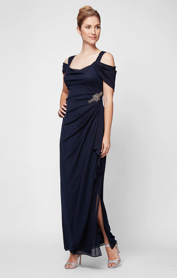 Petite Cold Shoulder Mesh Dress with Cowl Neckline