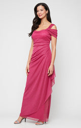 Cold Shoulder Glitter Mesh Dress with Draped Skirt & Cowl Neckline