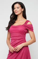 Cold Shoulder Glitter Mesh Dress with Draped Skirt & Cowl Neckline