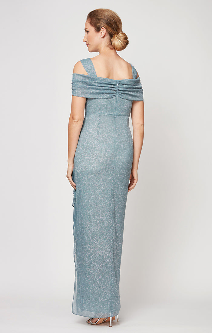 Cold Shoulder Glitter Mesh Dress with Draped Skirt & Cowl Neckline