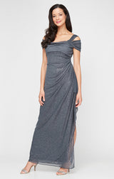 Petite Cold Shoulder Glitter Mesh Dress with Draped Skirt & Cowl Neckline