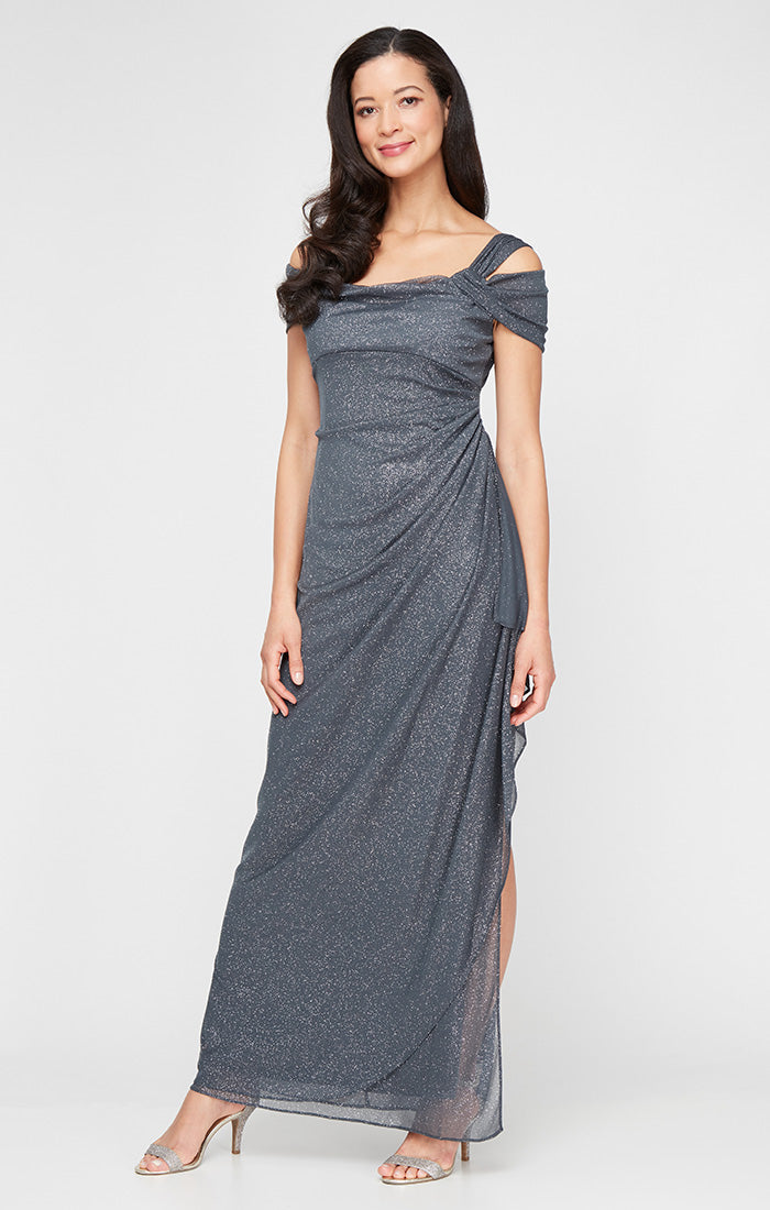 Petite Cold Shoulder Glitter Mesh Dress with Draped Skirt & Cowl Neckline