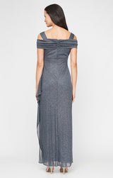 Petite Cold Shoulder Glitter Mesh Dress with Draped Skirt & Cowl Neckline