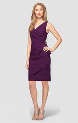 Short Side Ruched Contour Collection Dress with Surplice Neckline, Cascade Ruffle Skirt and Beaded Detail at Hip