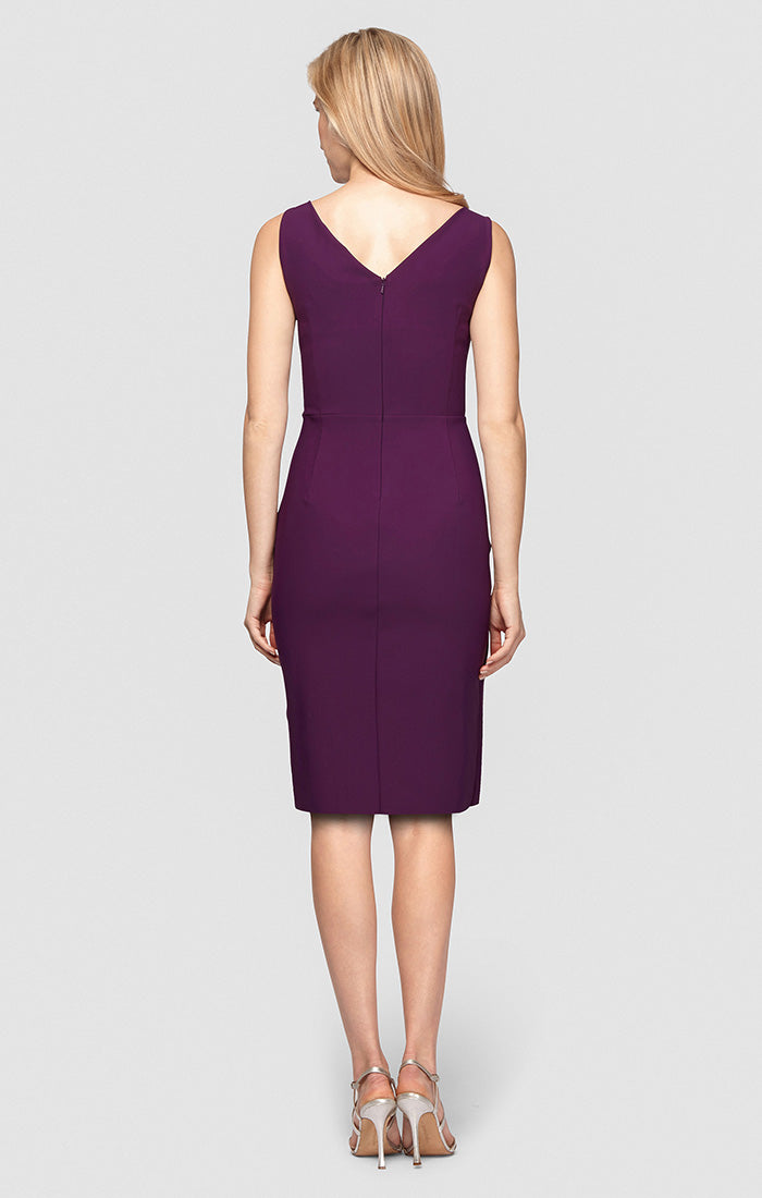 Short Side Ruched Contour Collection Dress with Surplice Neckline, Cascade Ruffle Skirt and Beaded Detail at Hip