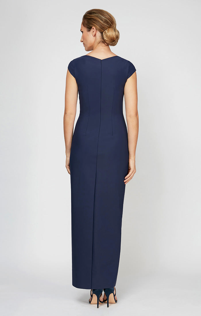 Long Cap Sleeve Contour Sheath Dress with Surplice Neckline and Hip Detail