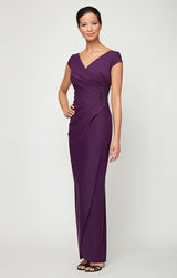 Long Cap Sleeve Contour Sheath Dress with Surplice Neckline and Hip Detail