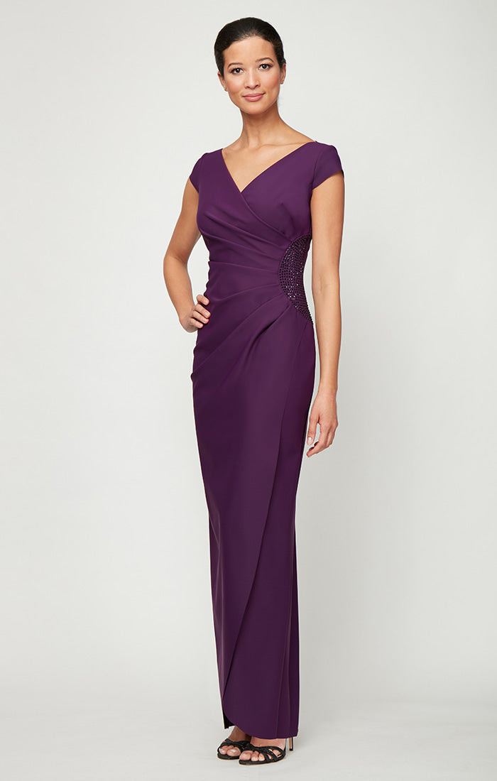 Long Cap Sleeve Contour Sheath Dress with Surplice Neckline and Hip Detail