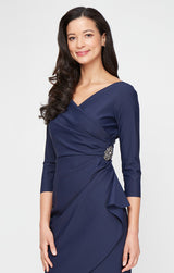 3/4 Sleeve Short Contour Collection Surplice Sheath Dress with Beaded Hip Detail & Cascade Ruffle Detail