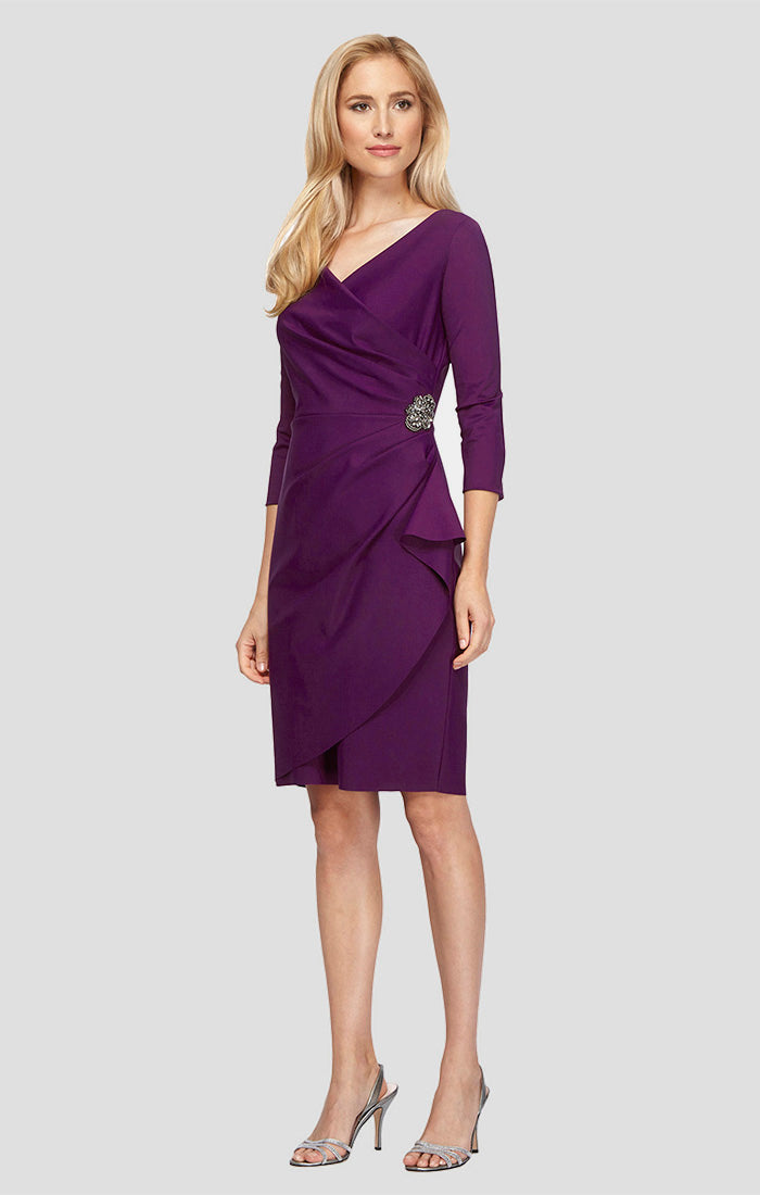 3/4 Sleeve Short Contour Collection Surplice Sheath Dress with Beaded Hip Detail & Cascade Ruffle Detail