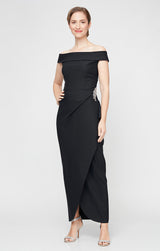Off-the-Shoulder Contour Dress with Cascade Ruffle Skirt & Embellishment