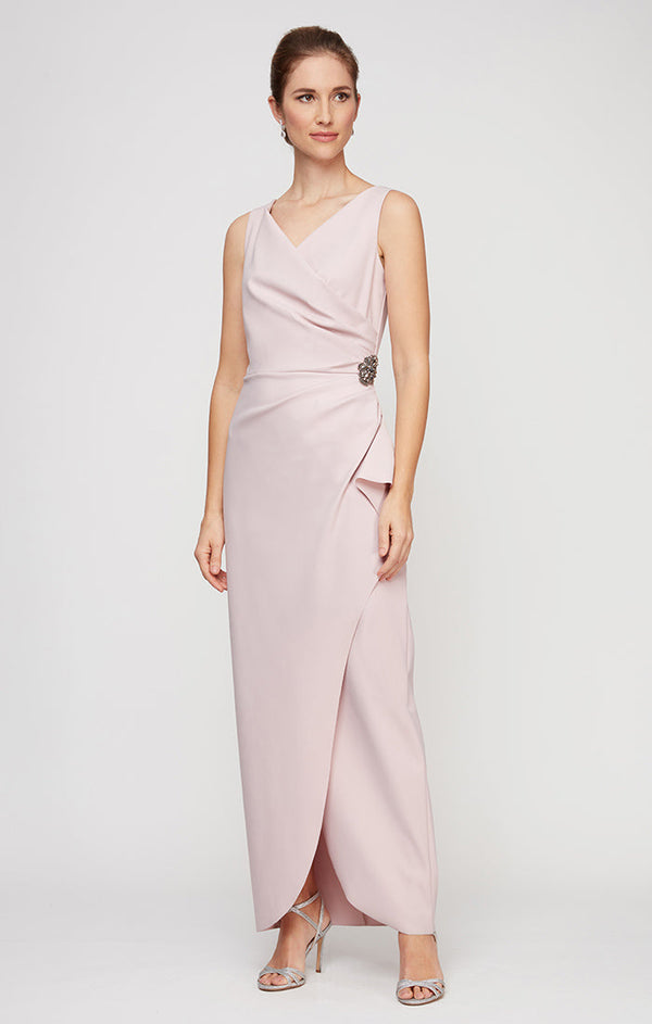 Sleeveless Contour Sheath Gown with Surplice Neckline & Beaded Detail at Hip