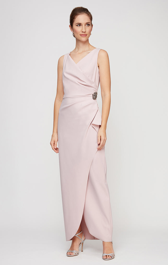 Petite Long Sleeveless Contour Sheath Gown with Surplice Neckline, Cascade Detail Skirt and Beaded Detail at Hip