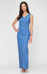 Petite Contour Long Sleeveless Sheath Gown with Surplice Neckline, Cascade Detail Skirt and Beaded Detail at Hip