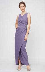 Petite Long Sleeveless Contour Sheath Gown with Surplice Neckline, Cascade Detail Skirt and Beaded Detail at Hip