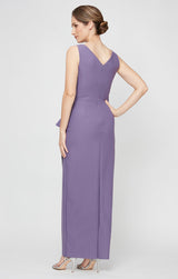 Petite Long Sleeveless Contour Sheath Gown with Surplice Neckline, Cascade Detail Skirt and Beaded Detail at Hip