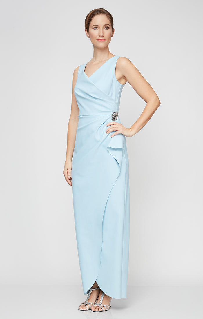 Petite Long Sleeveless Contour Sheath Gown with Surplice Neckline, Cascade Detail Skirt and Beaded Detail at Hip