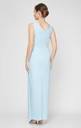 Petite Long Sleeveless Contour Sheath Gown with Surplice Neckline, Cascade Detail Skirt and Beaded Detail at Hip