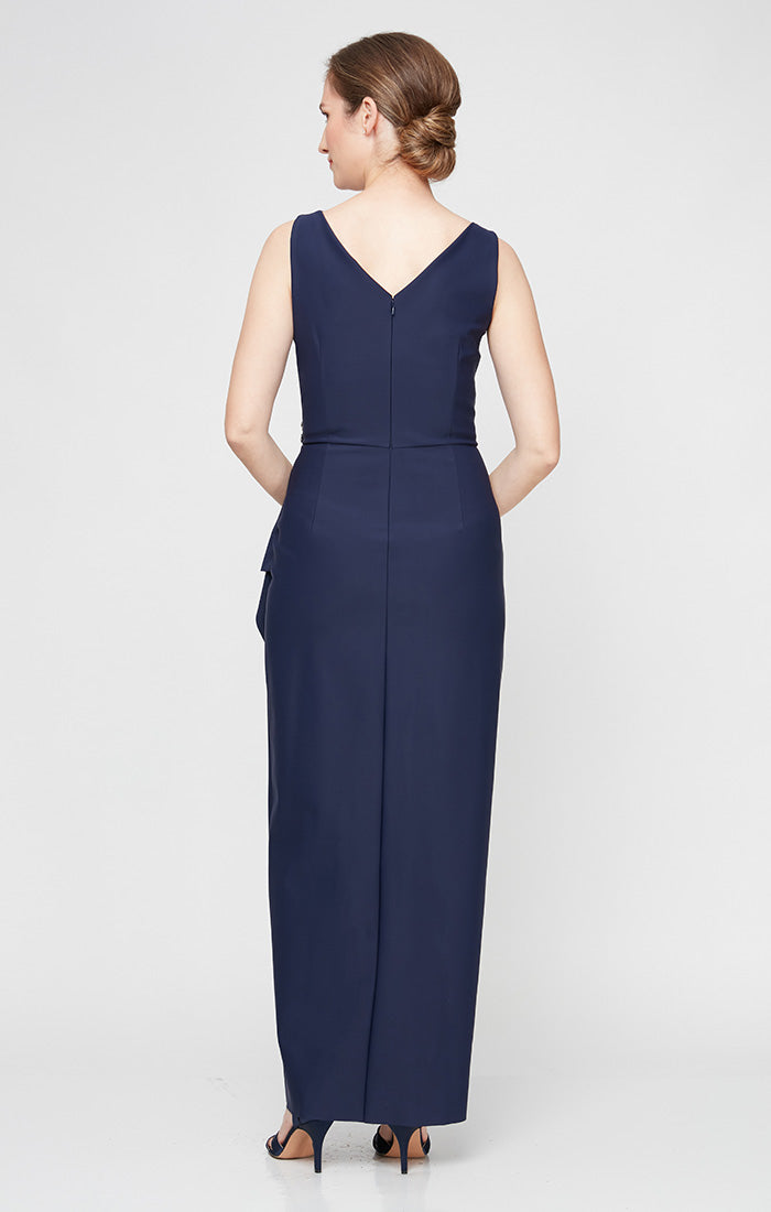 Petite Contour Long Sleeveless Sheath Gown with Surplice Neckline, Cascade Detail Skirt and Beaded Detail at Hip