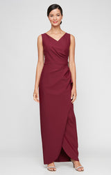 Petite Contour Long Sleeveless Sheath Gown with Surplice Neckline, Cascade Detail Skirt and Beaded Detail at Hip