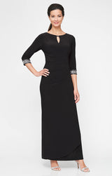 Jersey Dress with Keyhole Cutout Neckline and Embellished Sleeves/Neckline