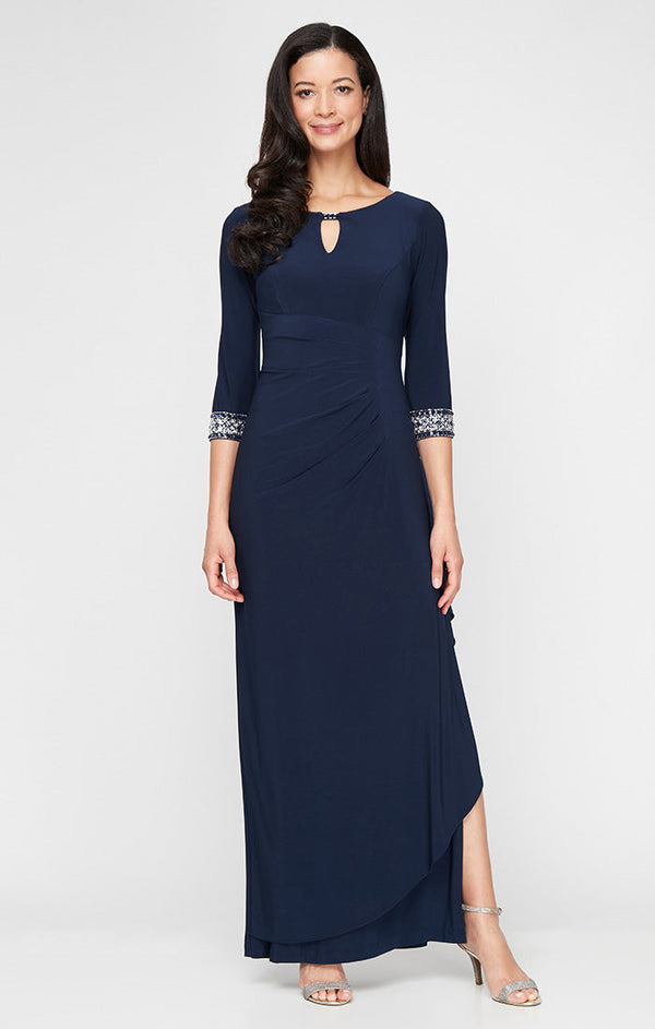 Jersey Dress with Keyhole Cutout Neckline and Embellished Sleeves/Neckline